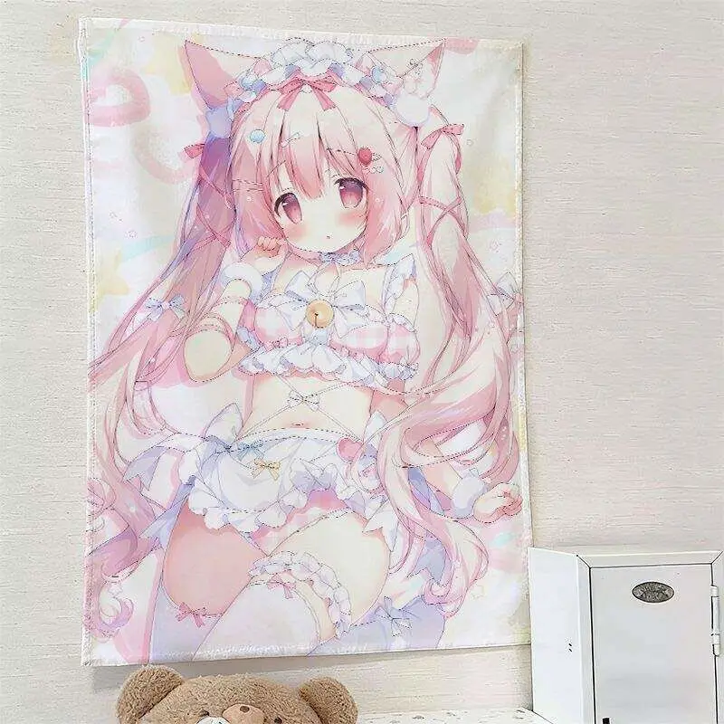 VIKAMA Pastellfarbener Neko Anime Wandteppich Süßer Weicher Kawaii Ästhetischer Wandbehang Schlafzimmer Wohnheim Apartment Gaming-Raum Dekoration – Detail 4