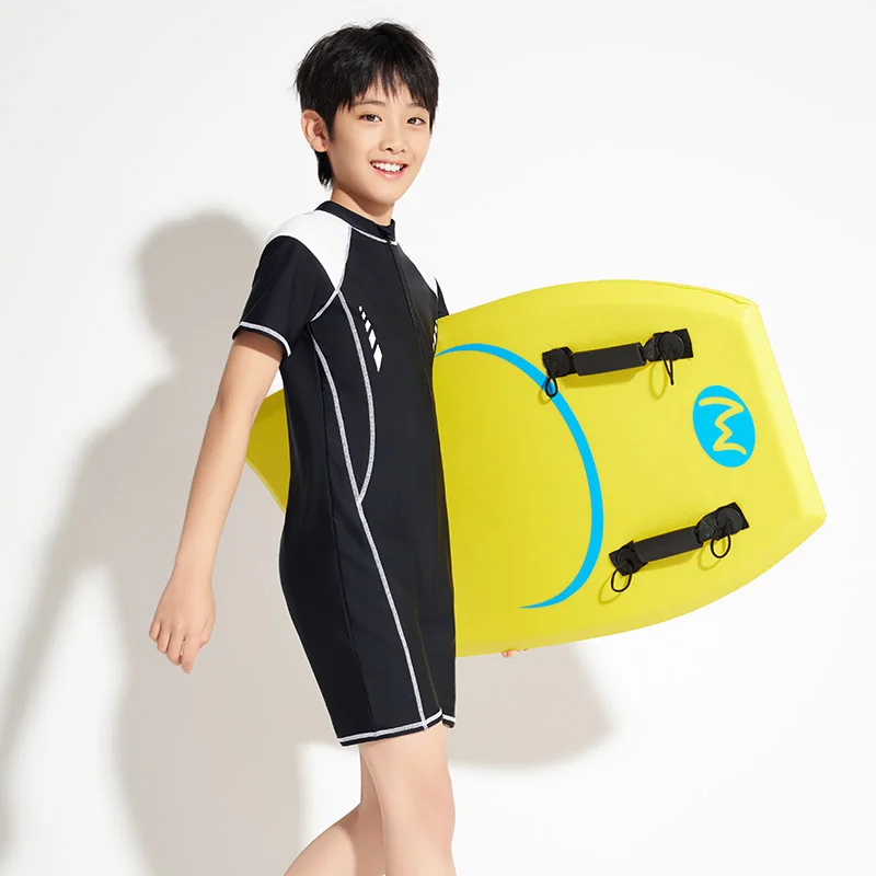 Boys Swimwear One Piece Suit Short Sleeve Dark Blue Patchwork 9-16 Years Teenager Boy Student Competition Bathing Suit