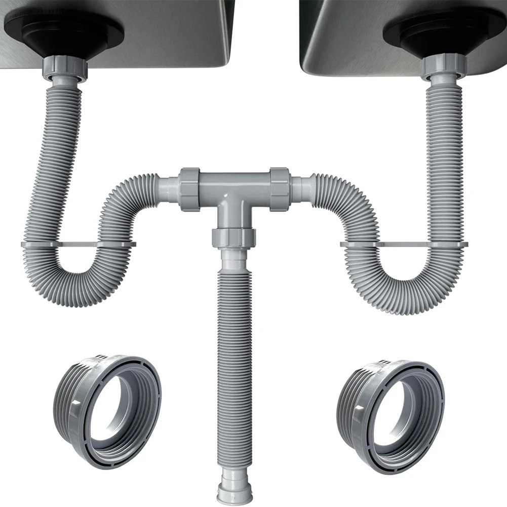 Sink Drain Hose Kit Adjustable Kitchen Double-head Hose 1-1/2 1-1/4Inc P Trap Sink Drain Anti-odour Screw Drain Hose For 20-80cm