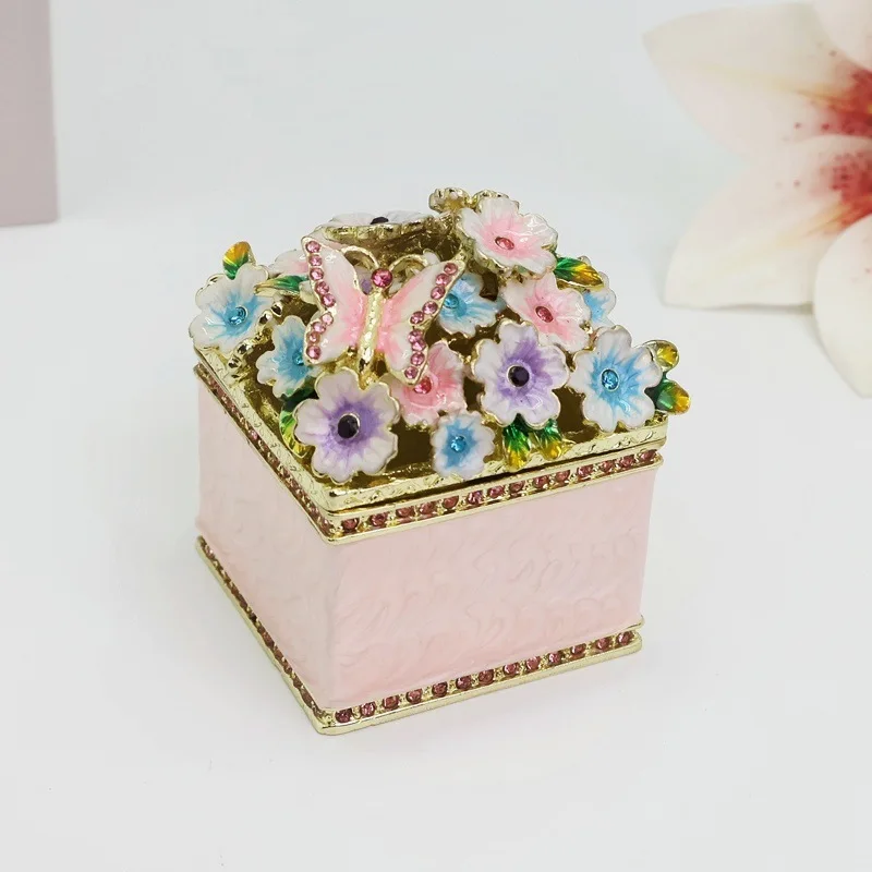 Enamel Painted Square Butterfly Flower Jewelry Box, Exquisite Decorative Storage & Ornament