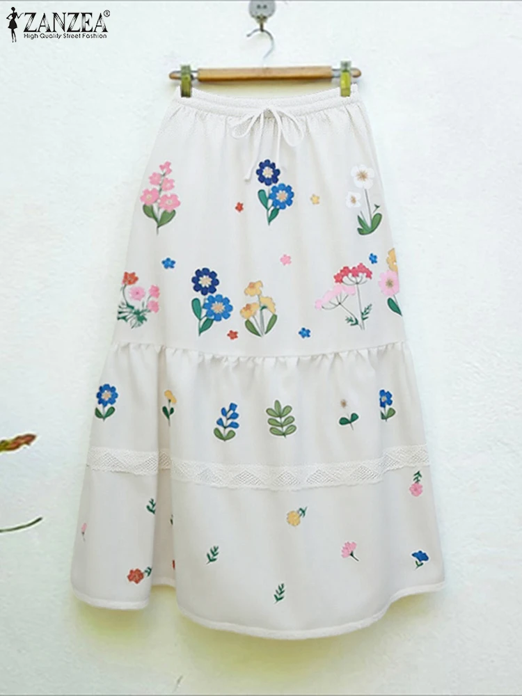 

ZANZEA, модные юбки трапециевидной формы, женские длинные юбки с эластичной резинкой на талии, Faldas Saia, осень 2022, повседневные плиссированные кружевные макси-юбки с высокой талией