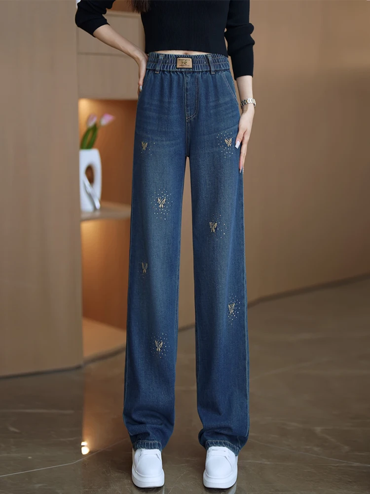 

Embroidered Wide Leg Jeans Women's Casual Straight Cut Slimming High Waist Elastic Loose Fit Spring Autumn New Style Cotton B...