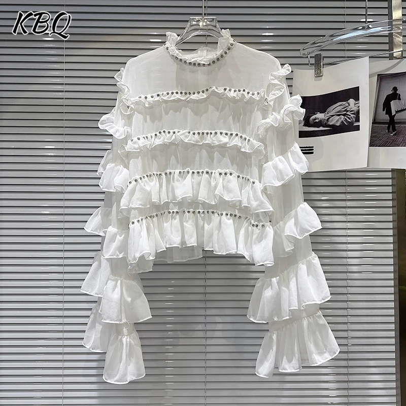 

KBQ однотонная свободная блузка с оборками и бриллиантами для женщин, рубашки с круглым вырезом и длинными рукавами во французском стиле, шикарный дизайн, женская мода