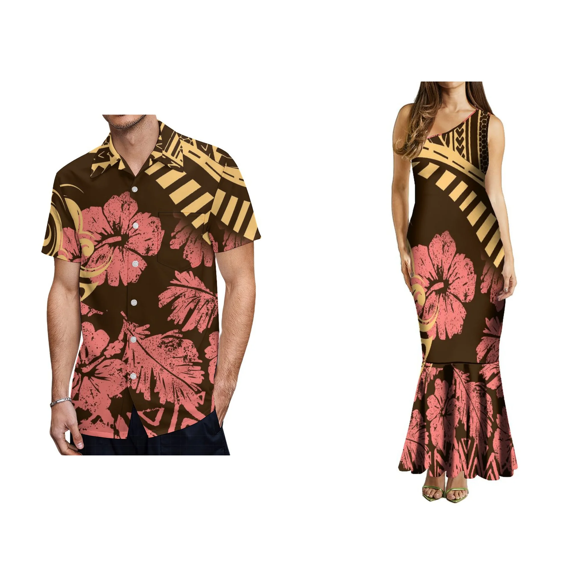 女性用ノースリーブロングドレス,マーメイドスタイル,フィッシュテール,斜めの肩,トンガ,ポリネシアの部族プリント,エレガント,カスタマイズ,1moq