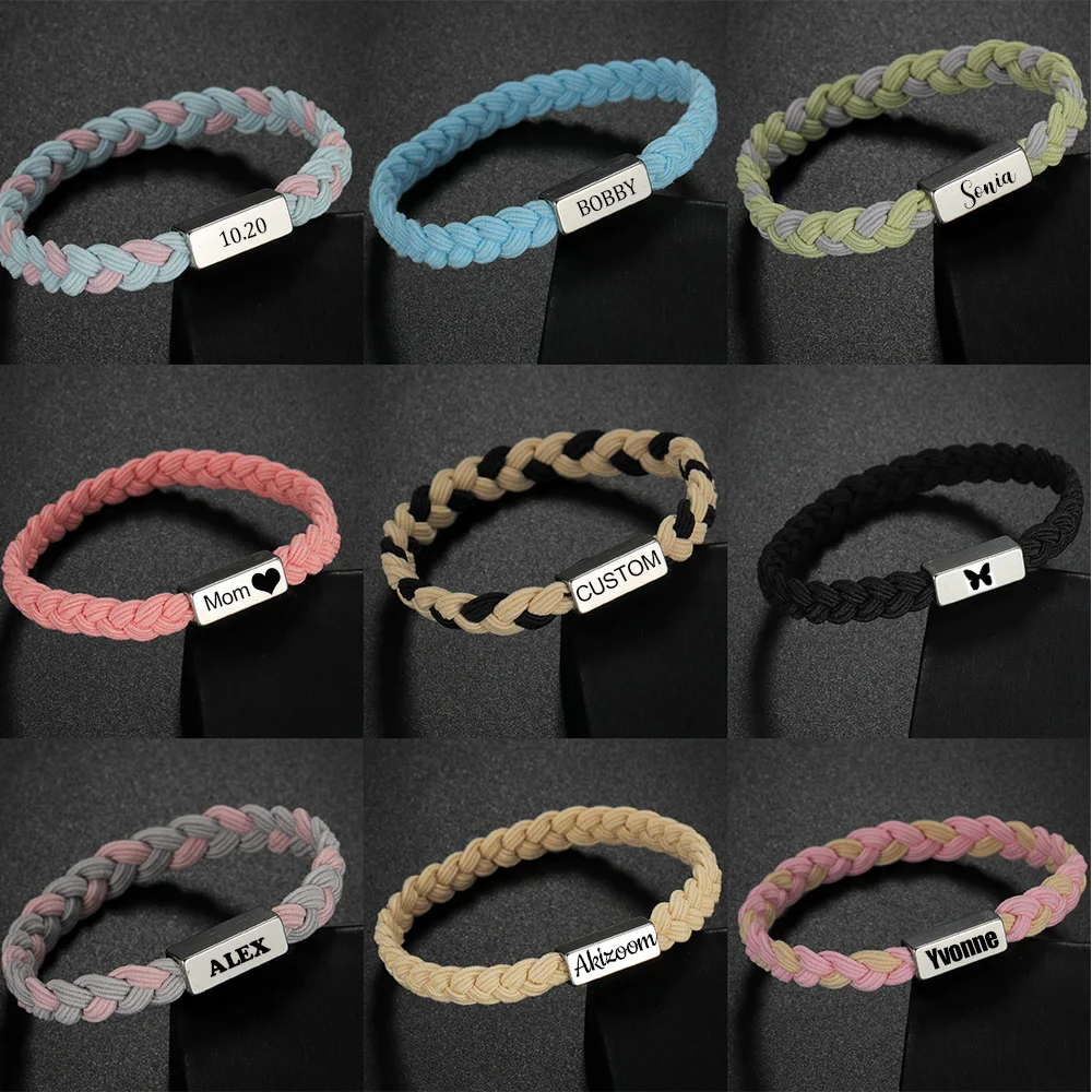 Akizoom Punk Engrave 4 Sides Bar Bracelets Elastic Rope Chain Stainless Steel Customized Couple Men Women Bracelets Jewelry Gift