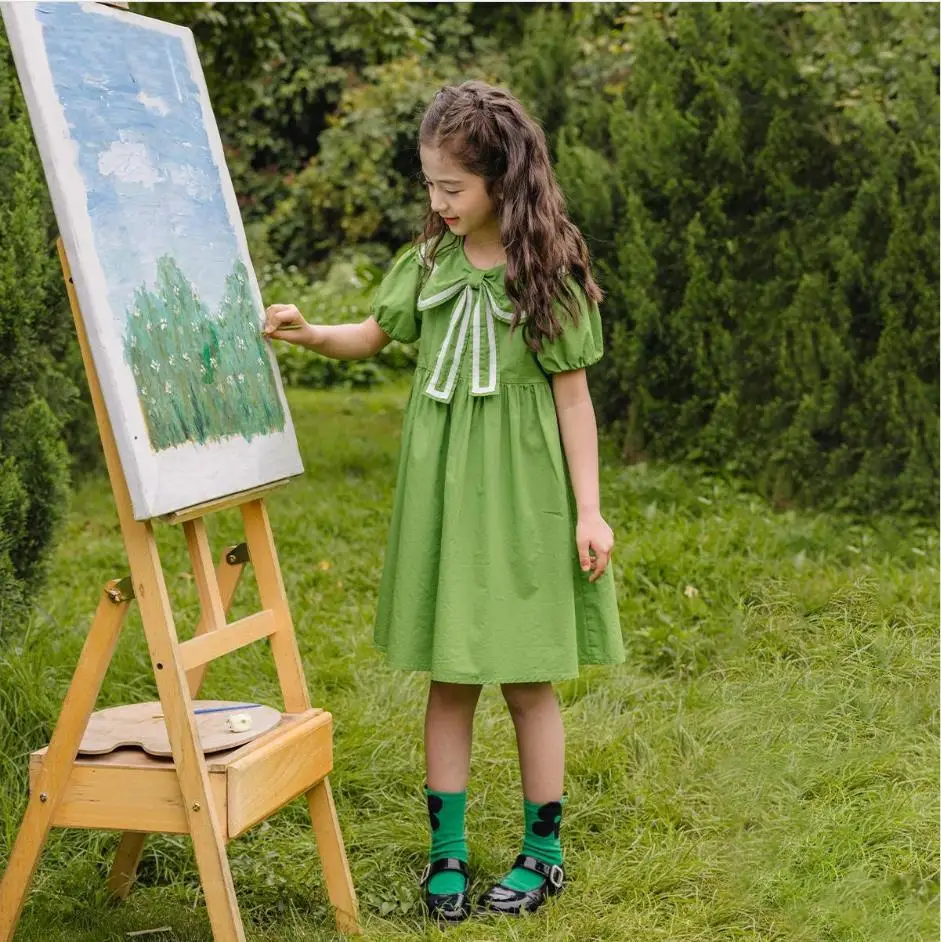 2024 Europ Summer Kids girls green forest loose chemise puff sleeve Dresses A-LINE striped Princess Children teens 4 13 Years