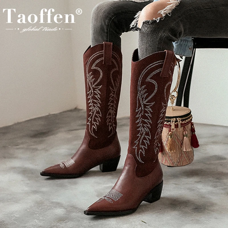 

Taoffen New Women Knee Boots 2023 Genuine Leather Winter Woman Shoes Fashion Western Long Boots Club Footwear Size 34-39