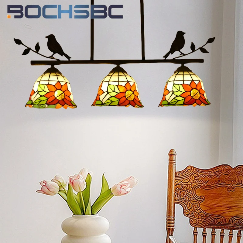 BOCHSBC Tiffany style stained glass retro chandelier for living room hanging LED lamp Bedroom dining room corridor decor light