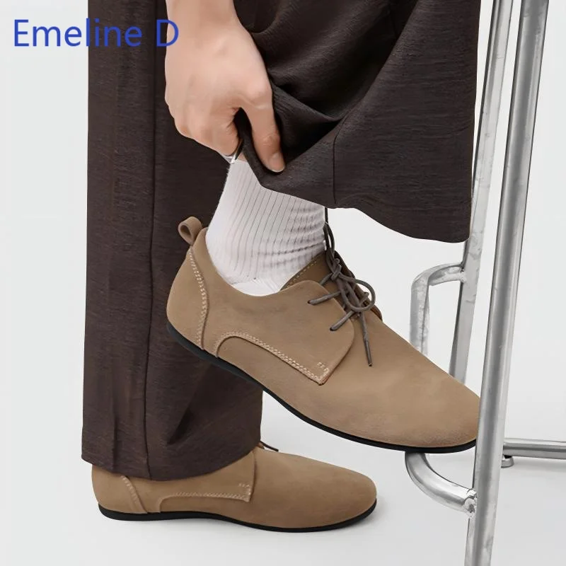 Men Soft Flat Lace Up Derby Shoes Leather Suede Surface Round Toe Lightweight Minimalist Daily Outdoor Commute Casual Flat Shoes