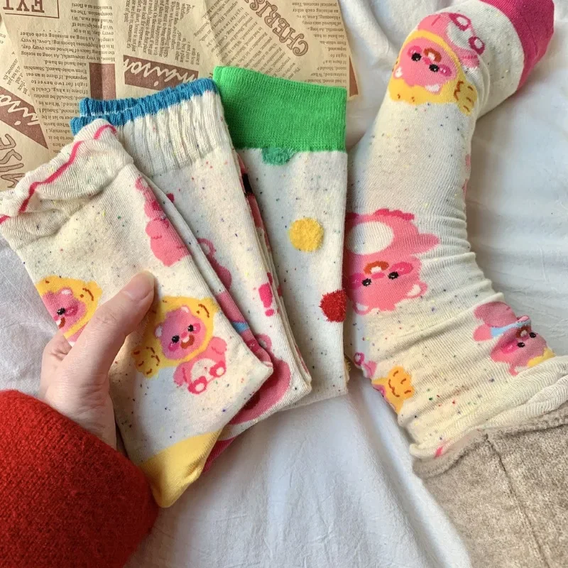 Calcetines cortos de castor rosa para mujer, medias apilables de algodón con bordes enrollados e hilo flameado en forma de amor, a la moda, primavera y otoño