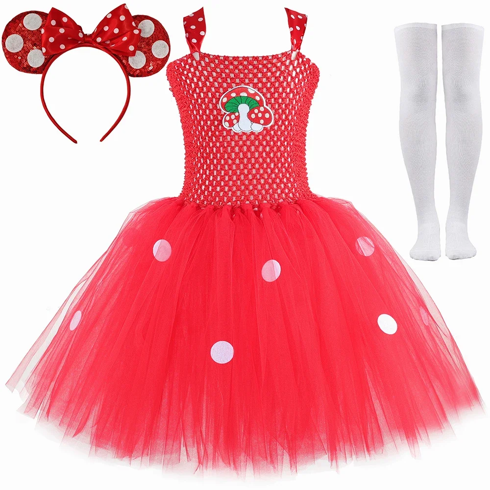 

Mushroom Fairy Costume Red Polka Dot Tutu Dress Fairy Tale Forest Toddler Girls Halloween Christmas Party Dress Up Clothes