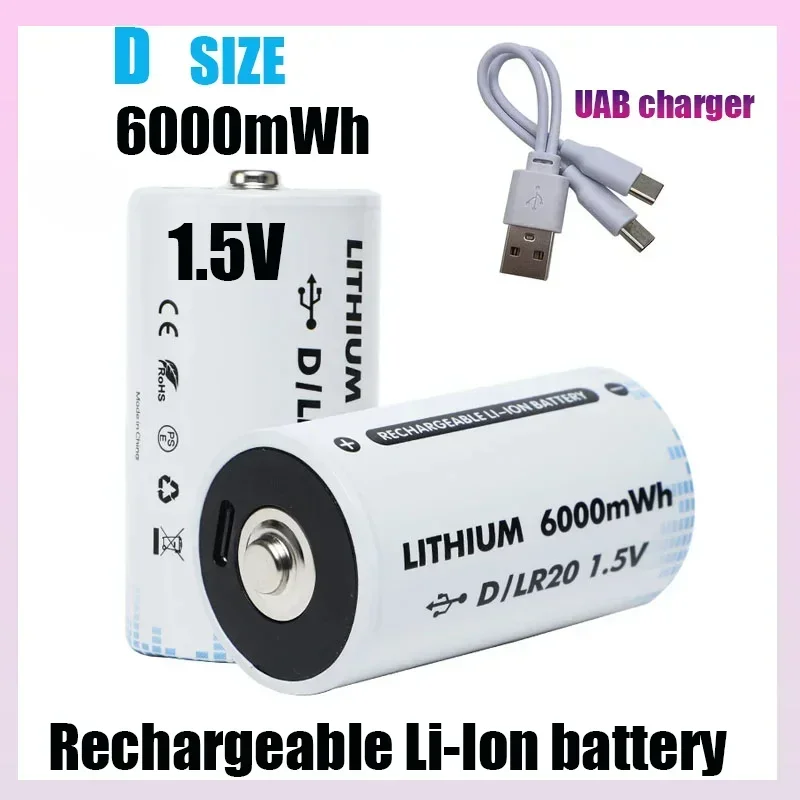 Set with  6000MAH LR20 Rechargeable Lithium-Ion Battery with USB Type-C Port for Camera Drone Accessories Capacity for Gas Stove