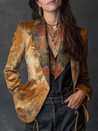 Chaqueta Blazer Retro para mujer, otoño, cuello con muescas, estampado Floral, elegante, para oficina, Vintage, informal, ropa de abrigo con un solo botón