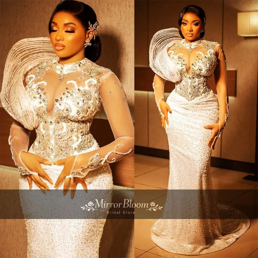 

Elegant White Beaded Lace Mermaid Evening Prom Wedding Party Maxi Dress for Women Luxury Long Sleeve Formal Gown TrainCustomized