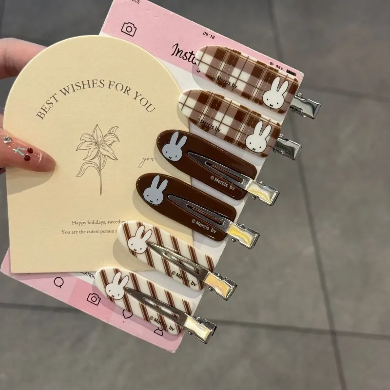 Miffy cartoon hairpin high color value cute girl heart creative sweet fresh simple curry color check broken hair bangs clip 3pcs