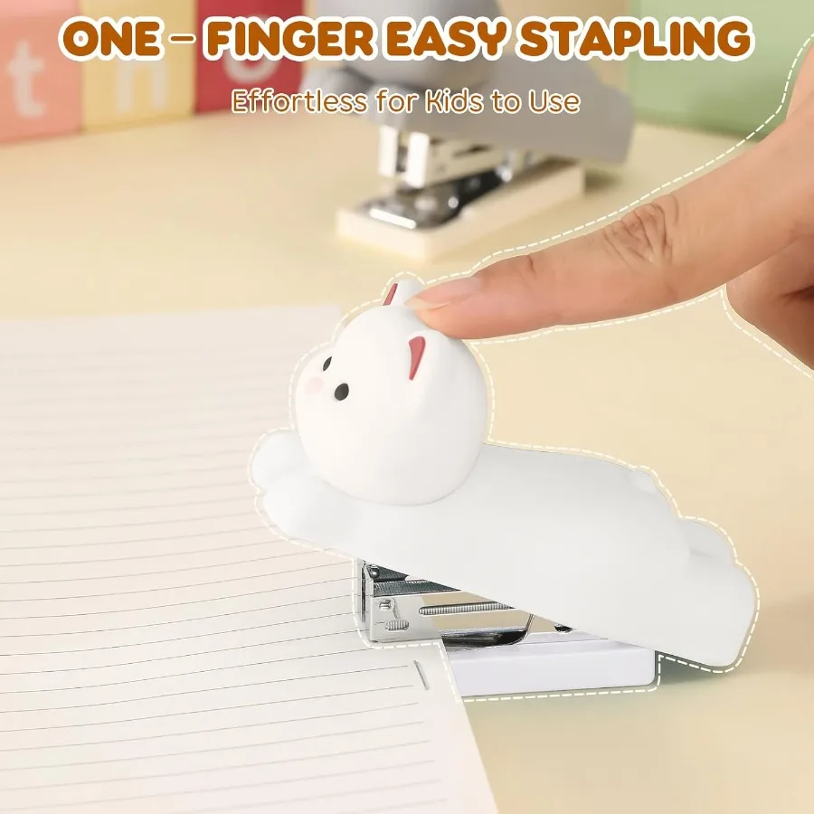 Mini Cute Animal Stapler with Staples Cartoon Stereoscopic Silicone PVC Stapler Laboaving Office Supplies for Students (White P
