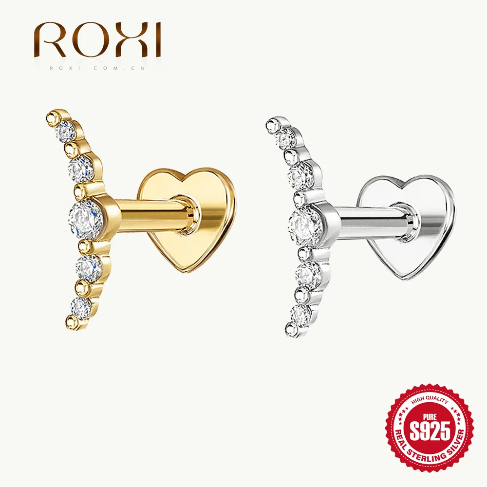 ROXI 1Pc 925 Sterling Silver Geometric Lines Round Zircon For Women Heart-shaped Flat Head Internal Thread Piercing Earrings