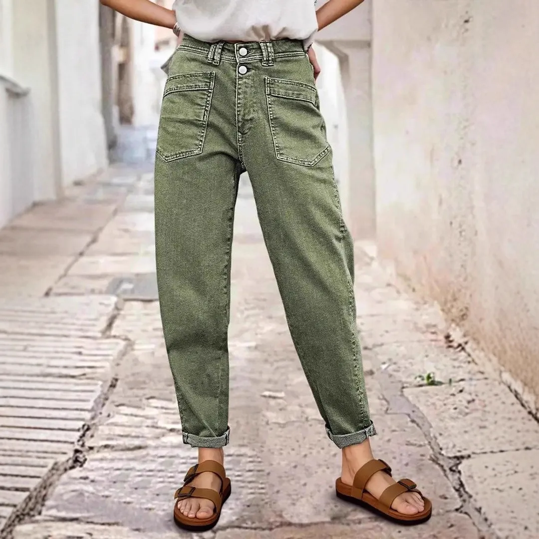 Women Baggy Jeans Olive Green Straight Leg Denim Pants Slant Pockets Cuffed Hem Women's Denim Jeans Two Button Waist Patch