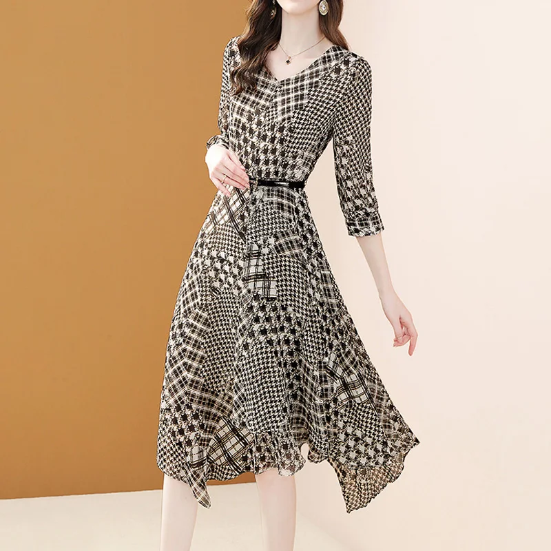 

Модное шифоновое платье EVNISI с принтом, Новинка лета весны 2022, элегантные асимметричные платья средней длины со шнуровкой и V-образным вырезом, платья