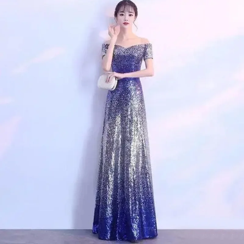

2026 Summer New Women's One Shoulder Banquet Gradient Glitter Evening Dress Fashionable Slim and Sexy Back Strap Long Dress