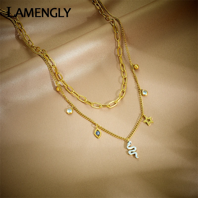 

LAMENGLY 316L Stainless Steel Multilayer Eye Star Snake Pendant Necklace For Women New Vintage Girls Clavicle Chain Jewelry Gift