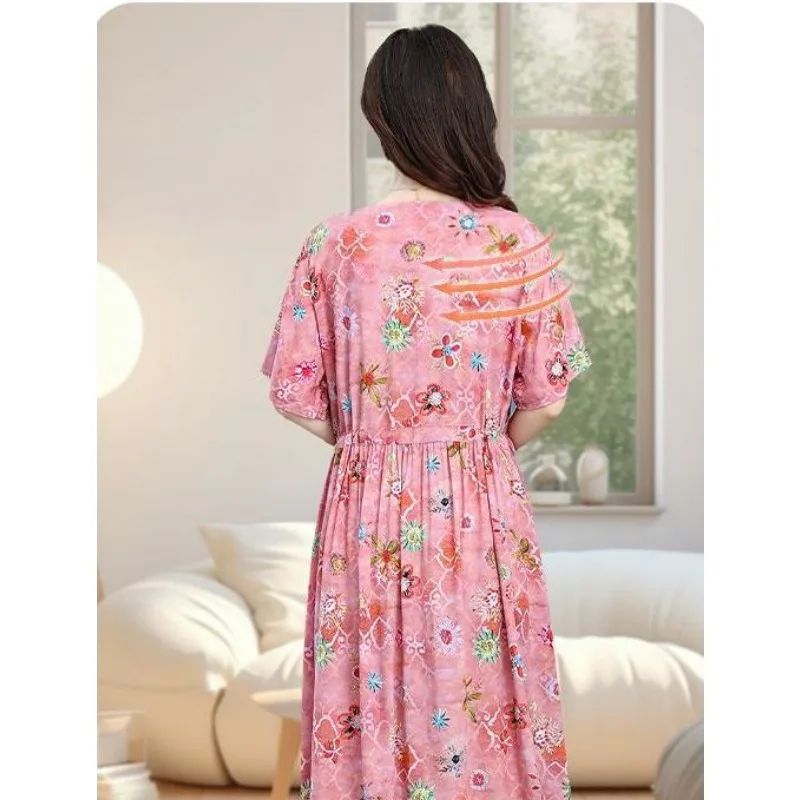 Cotton Silk Floral Dress Women's New Summer Temperament V-neck Waist Slimming Large Size Rayon Cotton Long Skirt Cool Nightgowns
