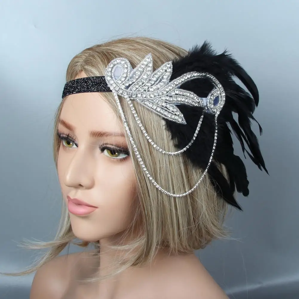 Feather Headband Women Vintage 1920s Flapper Headband Wedding Headpiece Costume Party Rhinestone Feather Hairband Hair Accessory