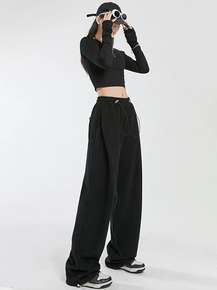 Houzhou-moletom feminino de perna larga, calças esportivas, roupas esportivas casuais, calças cinza oversize, roupas de ginástica, streetwear coreano