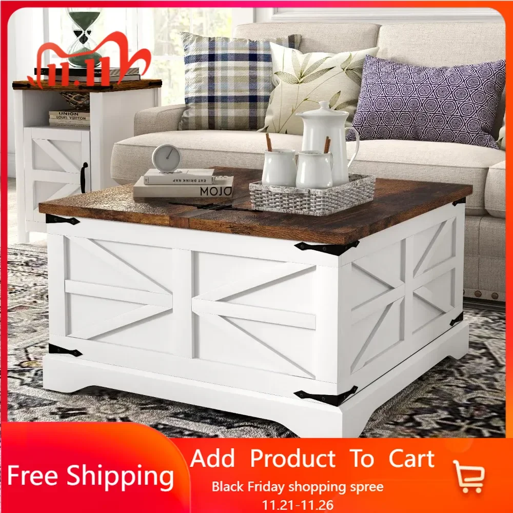 3-Piece Farmhouse Table Set Includes 31” Coffee Table and Side Tables with Storage Space, Retro Tables for Living Room