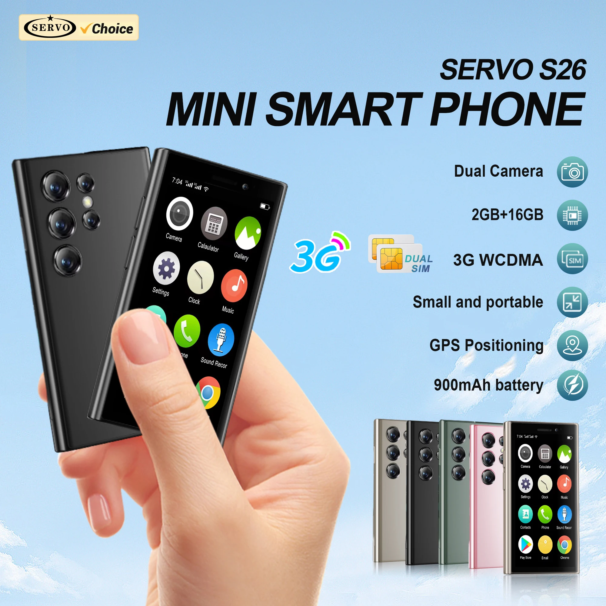 SERVO S26 Mini Smartphone 3G WCDMA Android 9.0 Play Store 2GB+16GB WiFi Face Unlock Dual SIM 3.0'' Display Small Smart Cellphones