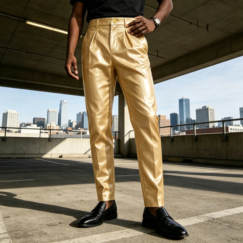 Luxury Men's PU Leather Straight Pants High Waist Straight Leg Double Pleated Breathable Trousers Business Formal Wedding Party