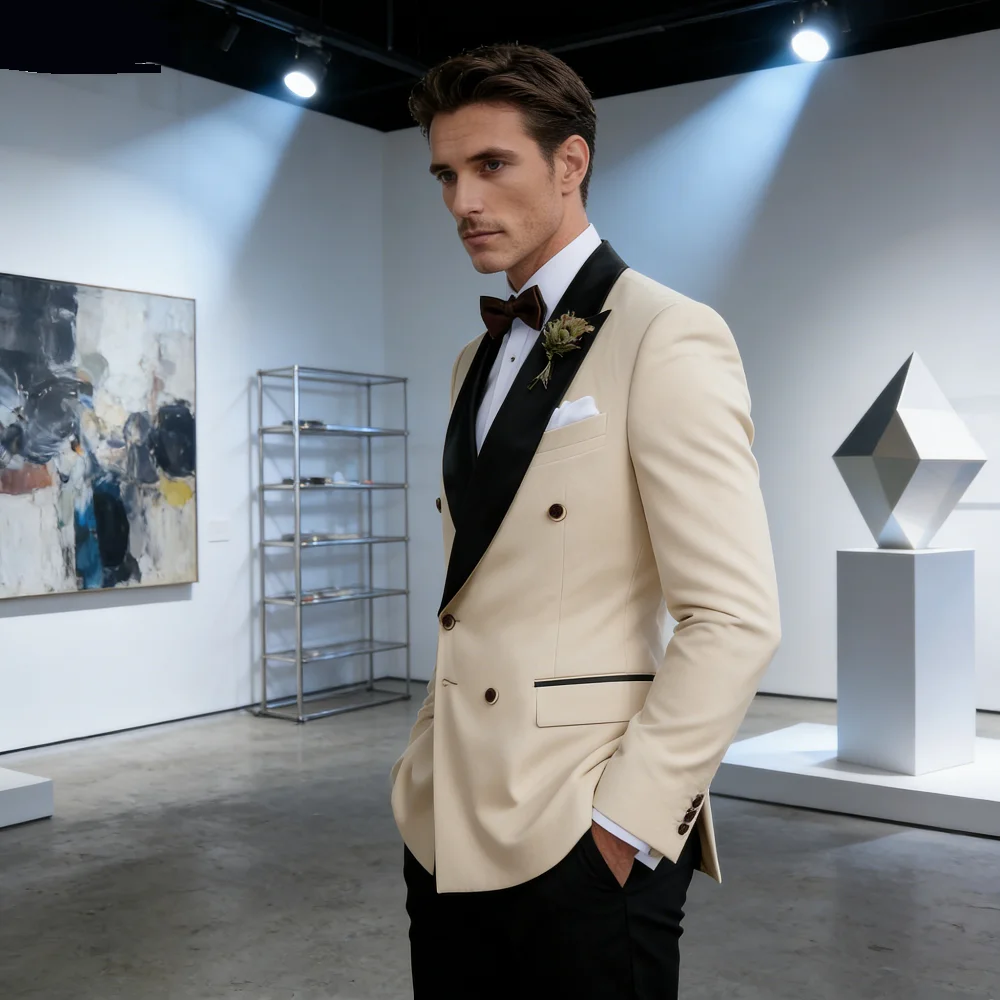 

AnnieBritney Men's Wedding Smoking Suit Double Breasted Blazer with Pants Fitted Solid Color 3-Piece Tuxedo for Men