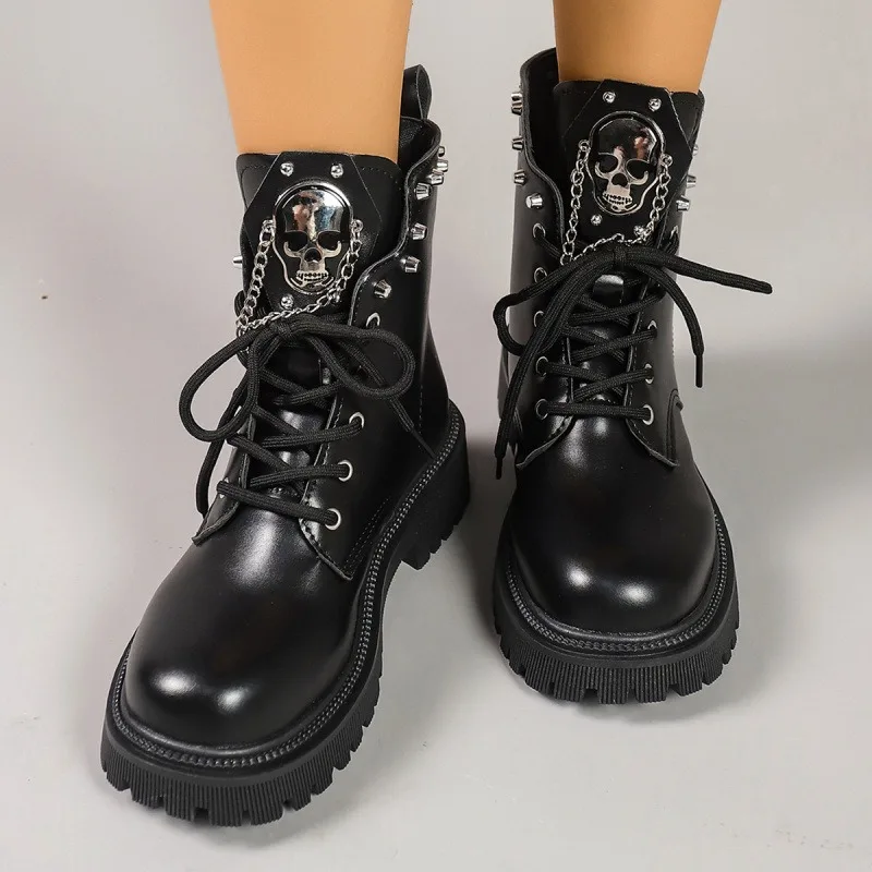 

Черные женские ботильоны на толстой подошве, осенние модные милые крутые короткие мотоциклетные ботинки, повседневные женские ботинки на платформе со шнуровкой