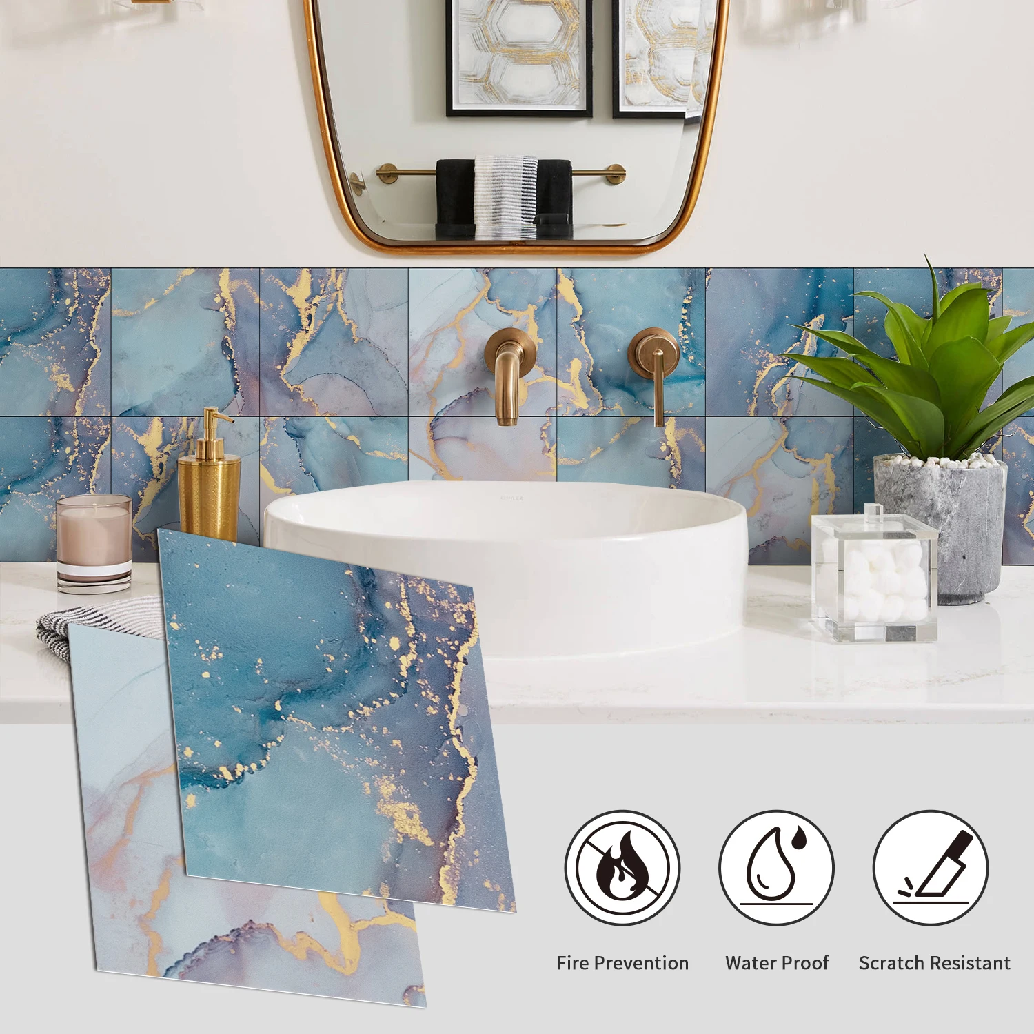 

8PCS Blue Gold-Plated Marble Tile Stickers for Bathroom, Kitchen, Waterproof and Oil Resistant Self-Adhesive PVC Wall Stickers