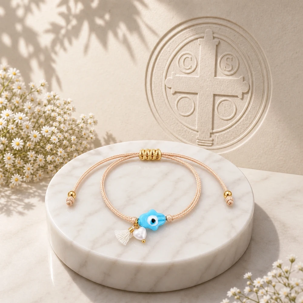 1pc Women's Bohemian Adjustable Cord Strand Bracelet with Blue Evil Eye Shell Bead and Copper Accent Details