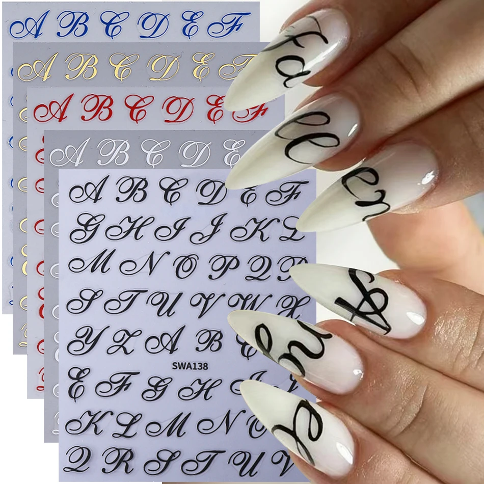 5 Stück Gothic-Buchstaben Nagelaufkleber Y2K Schwarz Weiß Gold Rot Blau Alphabet-Design Selbstklebende Abziehbilder Englische Wörter Maniküre-Dekor Slider