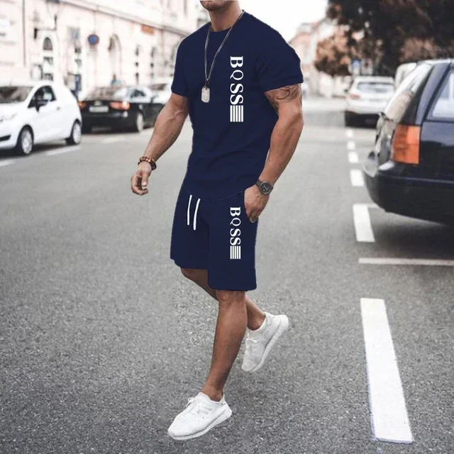 2025 Herren bedrucktes, schnell trocknendes Kurzarm-T-Shirt + Jogging-Shorts, zweiteiliges, sommerliches, lässiges, modisches, atmungsaktives Sportbekleidungsset