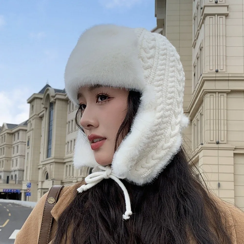 

Casual Knitted Men Women Pilot Hat Windproof Fluffy Faux Fur Lei Feng Hat Extended Korean Ear Protection Cap Ski
