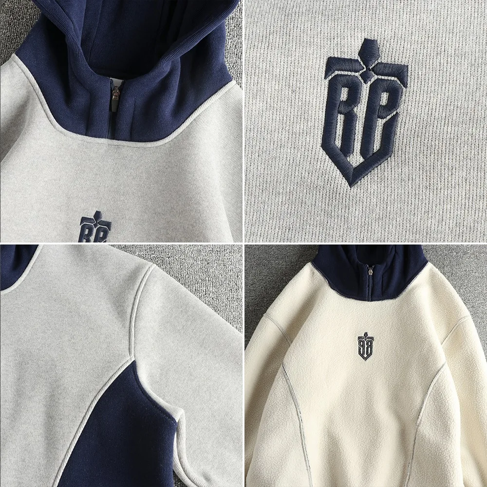 Męska bluza z kapturem z grubego, aksamitnego materiału, z prostymi haftowanymi literami, kontrastowymi przeszyciami, modna bluza z kapturem.