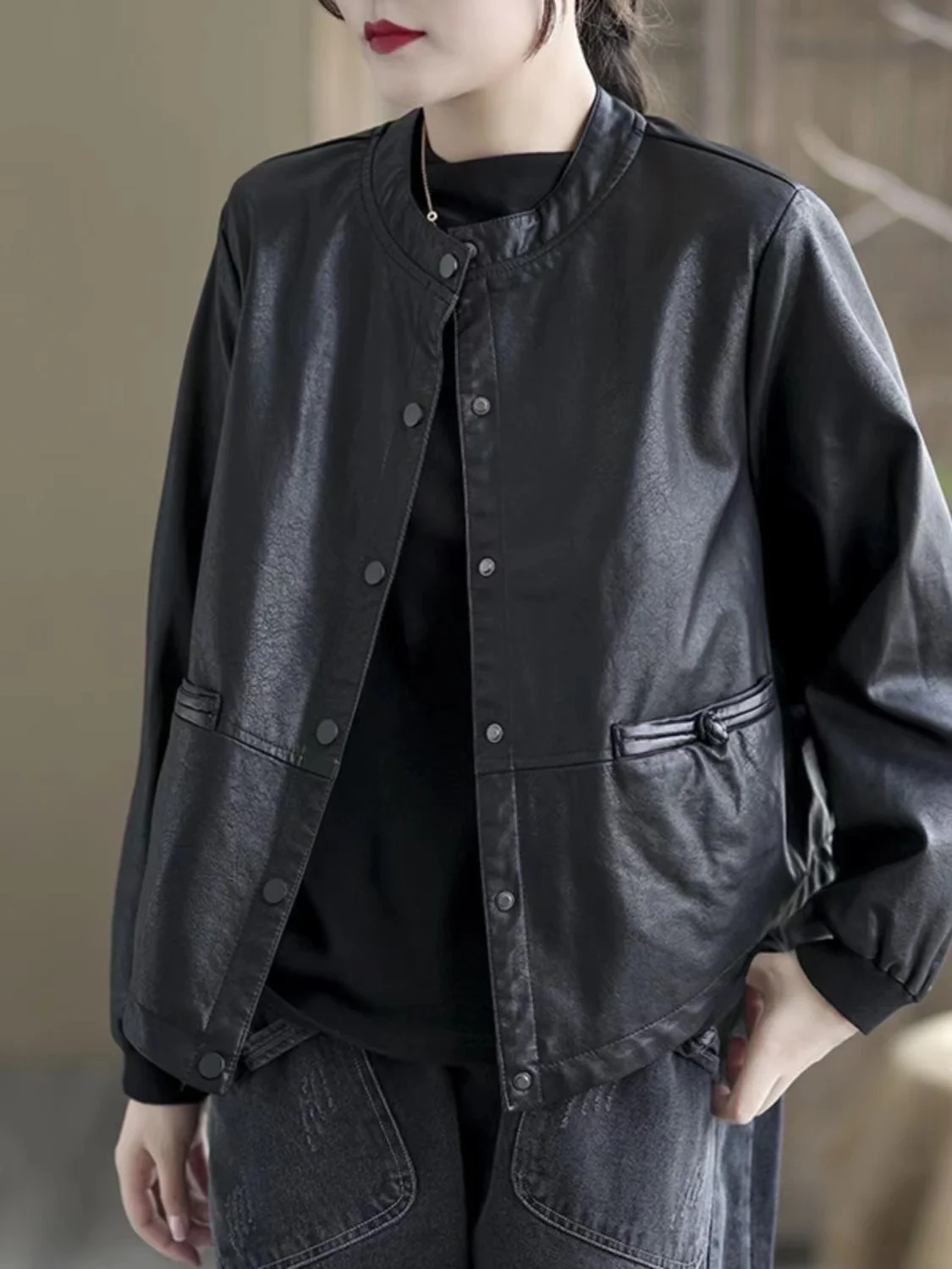 Chaqueta de cuero de talla ande para mujer, estilo nuevo de otoño/invierno, uesa, de manga larga, para uso diario.