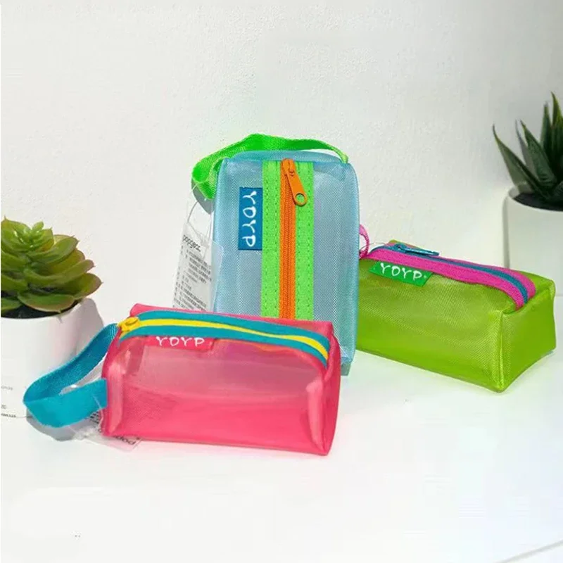 New Colorblock Mini Cute Nylon Mesh Cosmetic Bag Makeup Bag Portable Earphone Data Cable Charger Organizer Coin Purse Pouch