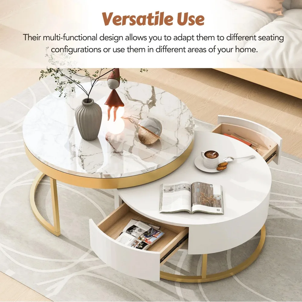 Set of 2 Round Gold Nesting Coffee Tables with Storage Drawers image 3