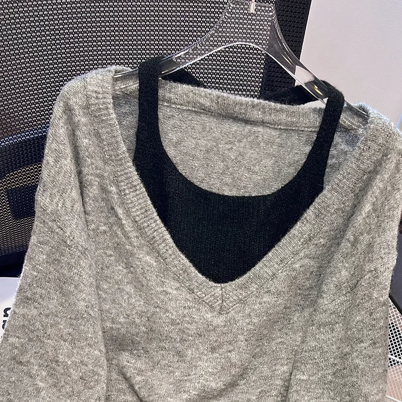 Women\'s Clothing Korean Grey Knitting Sweater Cashmere Long Sleeves Vintage Casual Fashion Baggy Ladies 2024 Spring Tops