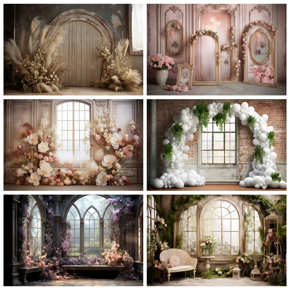 Boho Floral Indoor Birthday Party Backdrop Window Pampas Grass Arch Door Wedding Maternity Party Portrait Photography Background