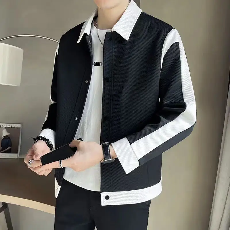 Spring and Autumn Casual Men\'s Versatile Patchwork 2024 New Turn-down Collar Button Pocket Fashion Loose Long Sleeve Jackets