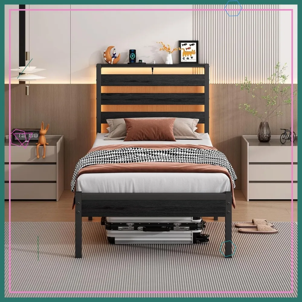 

14-дюймовый металлический каркас кровати-платформы с изголовьем, стальными планками, USB-зарядкой, под хранилищем, без шума