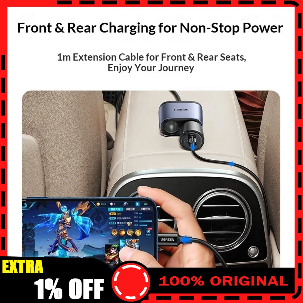 UGREEN 30886 216W 2-Socket Car Charger Splitter with Front Rear Extension Cable PD USB C USB Charging.