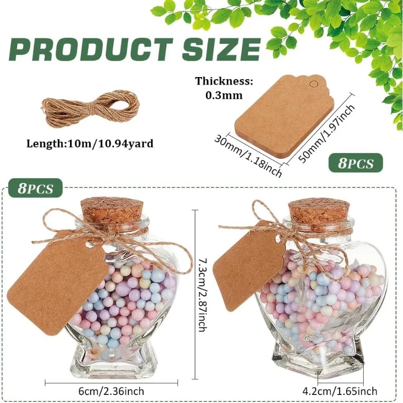8 Pack 60ml Heart Shaped Candy Glass Jars Wedding Favor Jars Wish Drifting Bottle with Cork Lids Label Tags and String for Candy