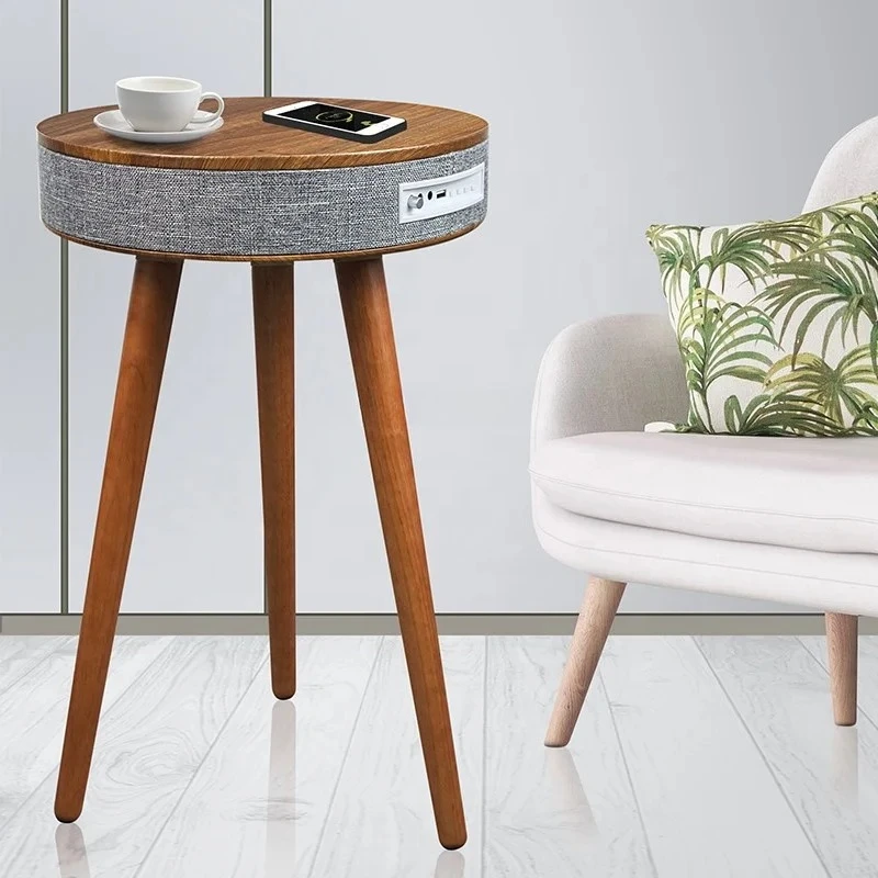 

Factory Wood Night Stand Table Wireless Charging Smart Speaker Coffee Table Blue Tooth Speaker