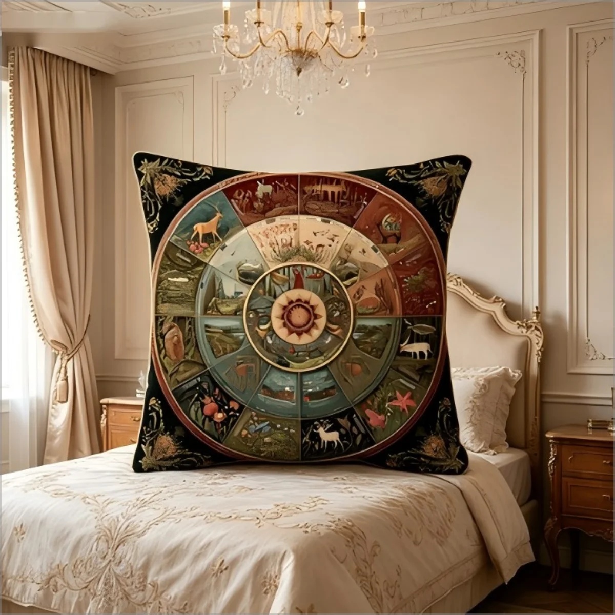 Vintage Wheel of the Year Print Throw Pillow Cover, Mystical Folk Art Botanical Zodiac Decorative Cushion